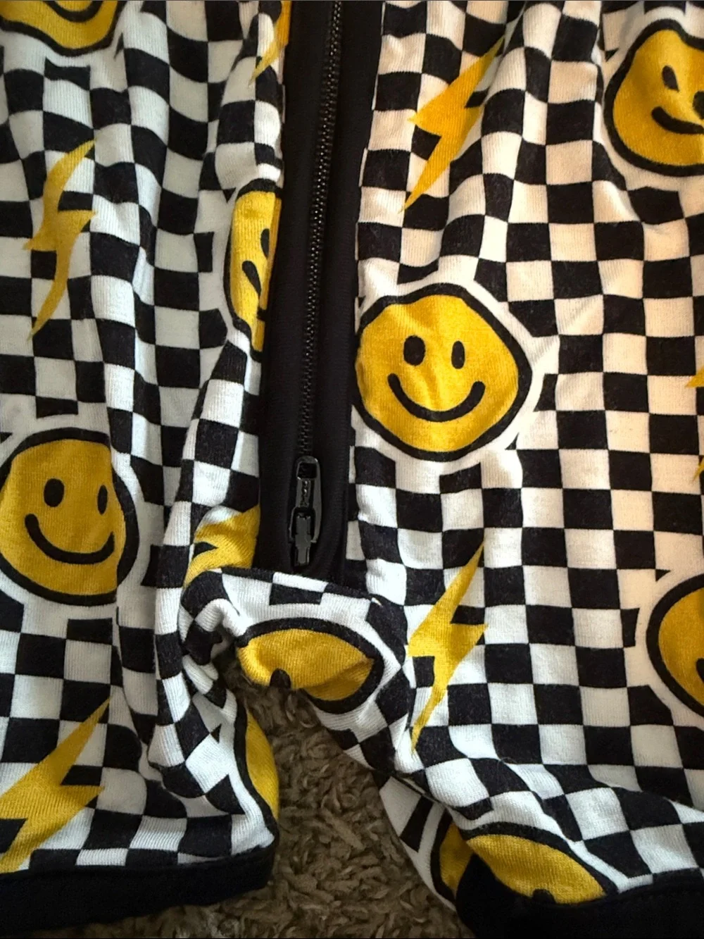 Checkerboard Smiley Zip One-Piece Romper - Black, White & Yellow